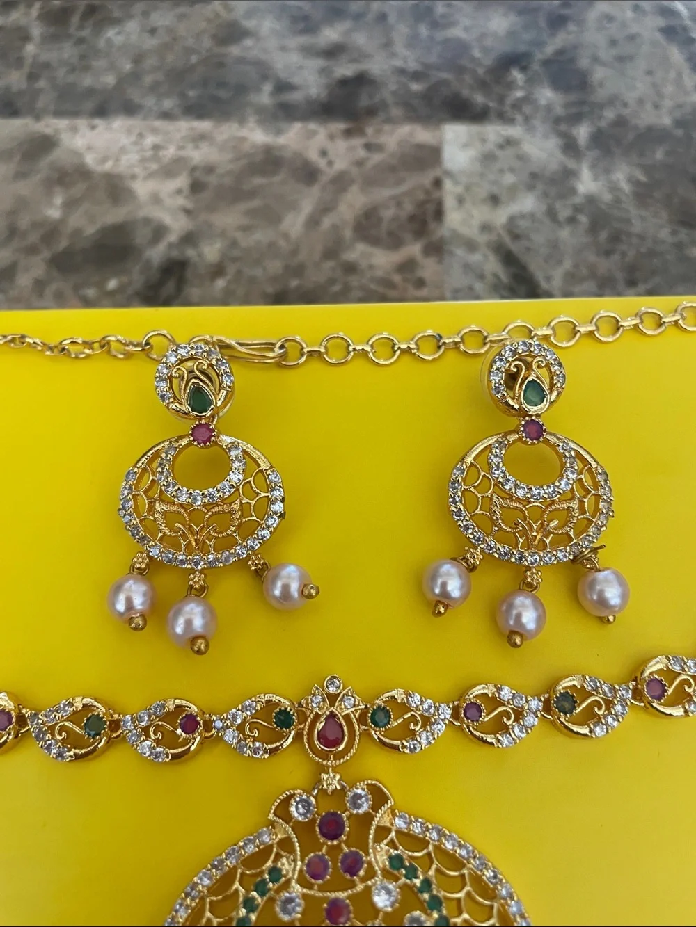 Gold-Tone Pearl & Ruby Accent Necklace and Earring Set